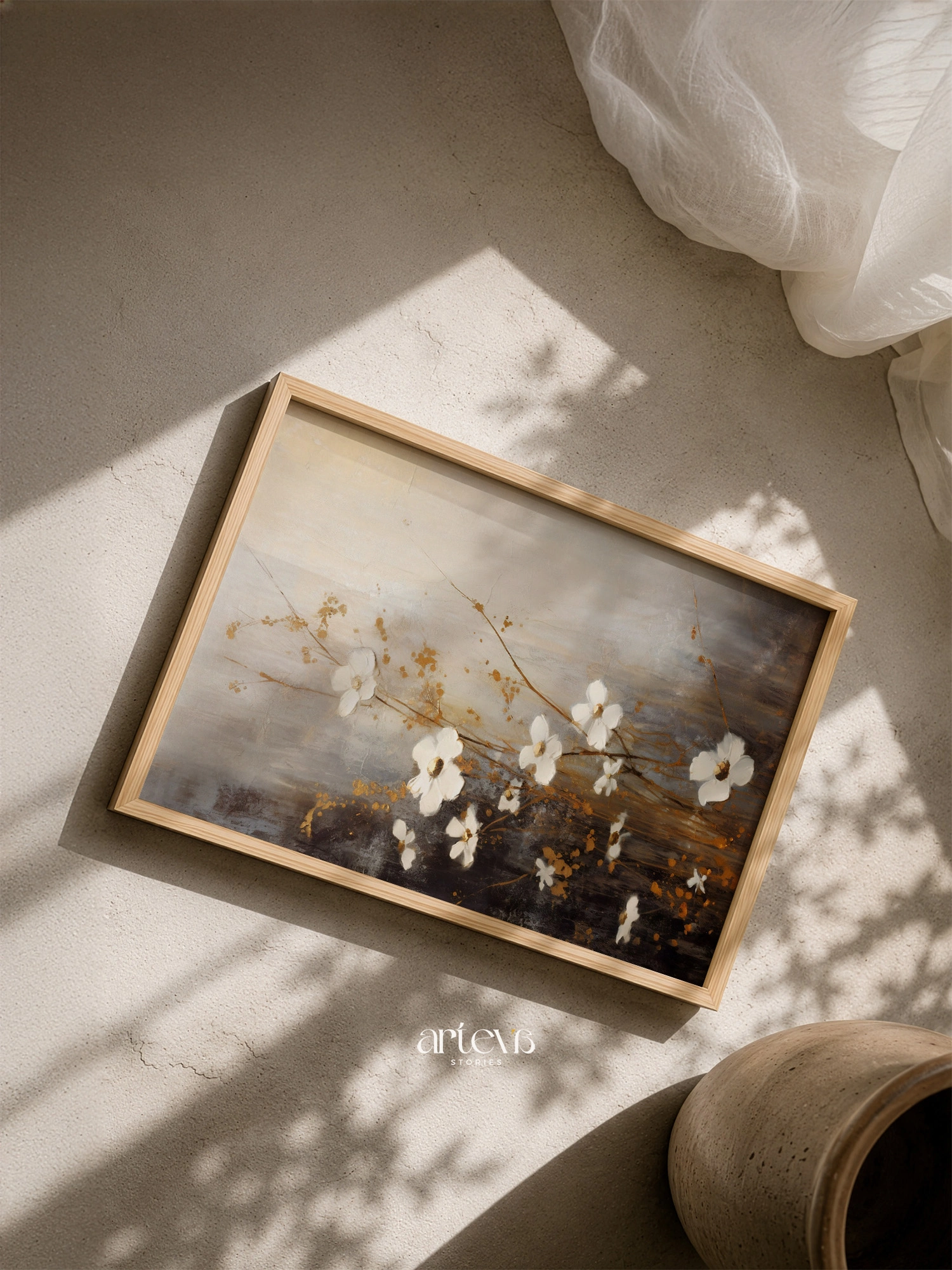 Ethereal Blossoms – White and Gold Abstract Floral Wall Art - Image 5