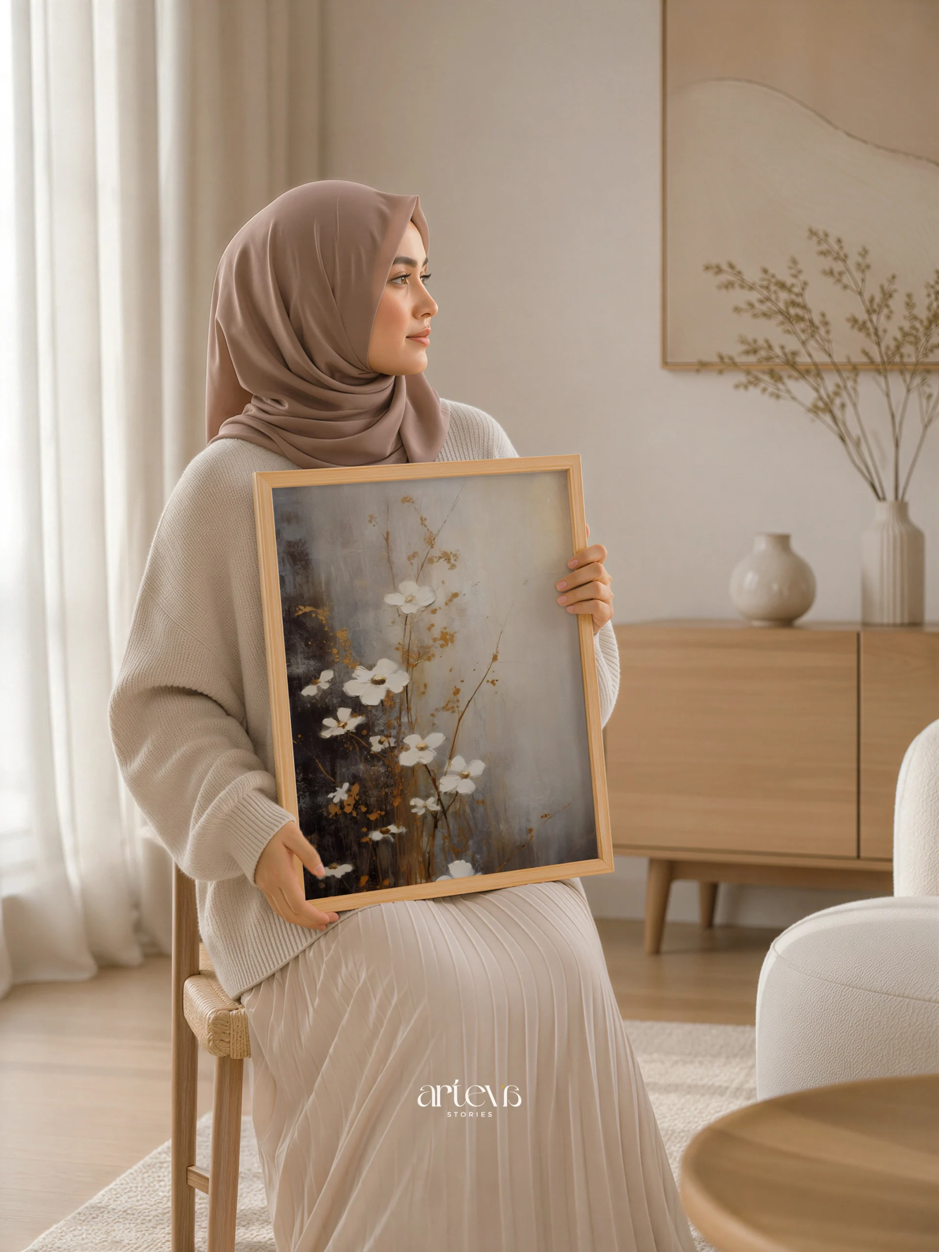 Ethereal Blossoms – White and Gold Abstract Floral Wall Art - Image 4
