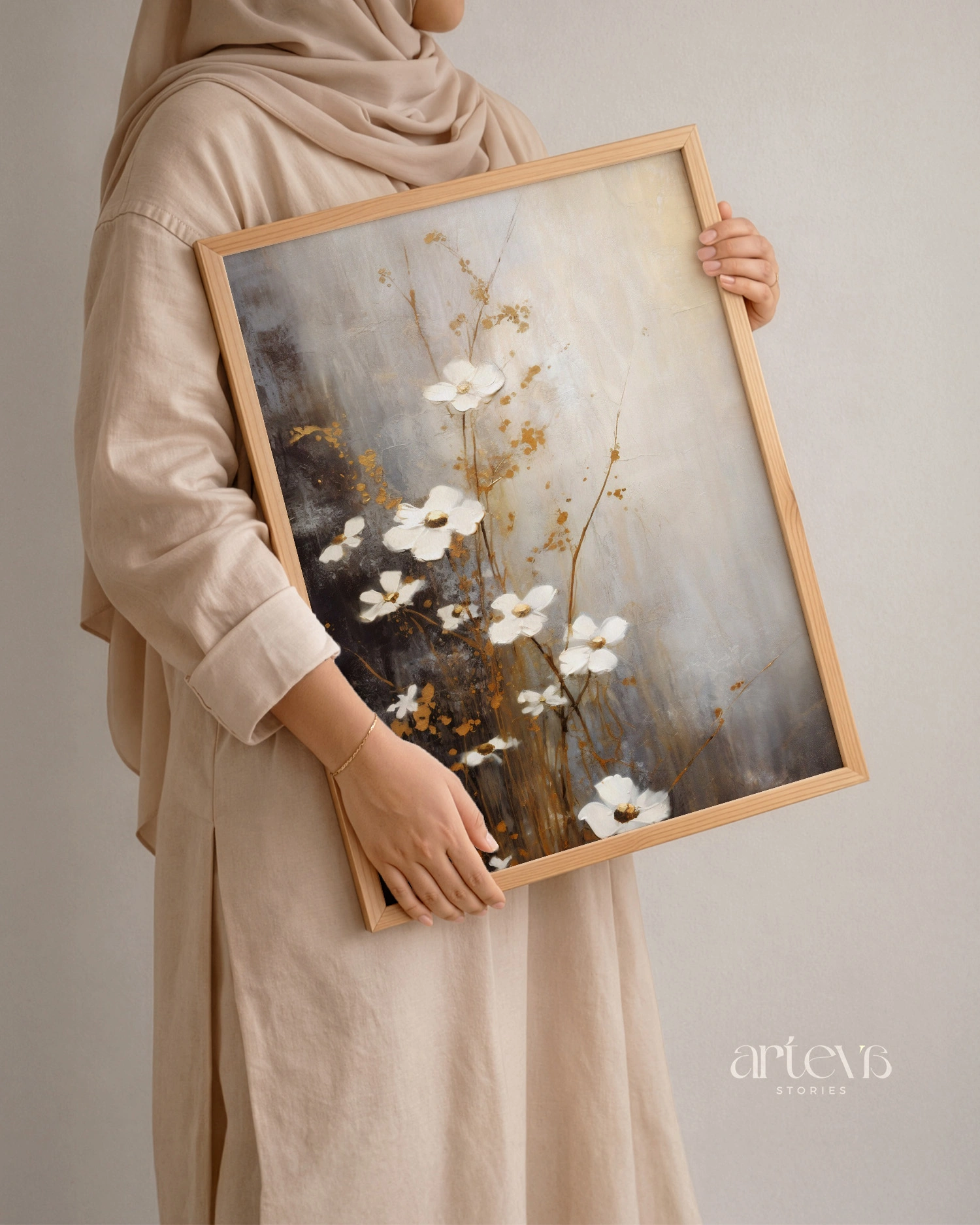 Ethereal Blossoms – White and Gold Abstract Floral Wall Art - Image 6