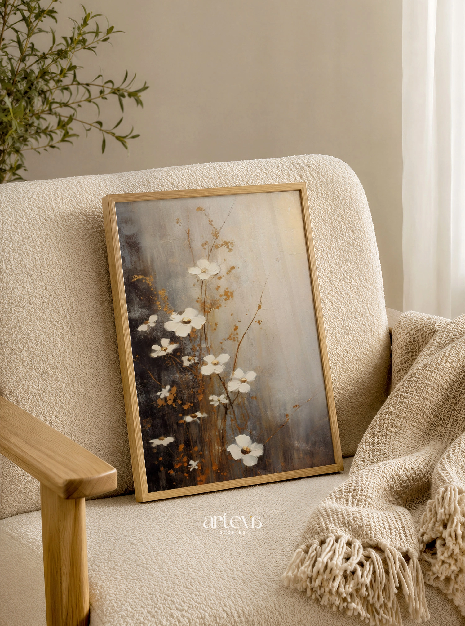 Ethereal Blossoms – White and Gold Abstract Floral Wall Art - Image 7