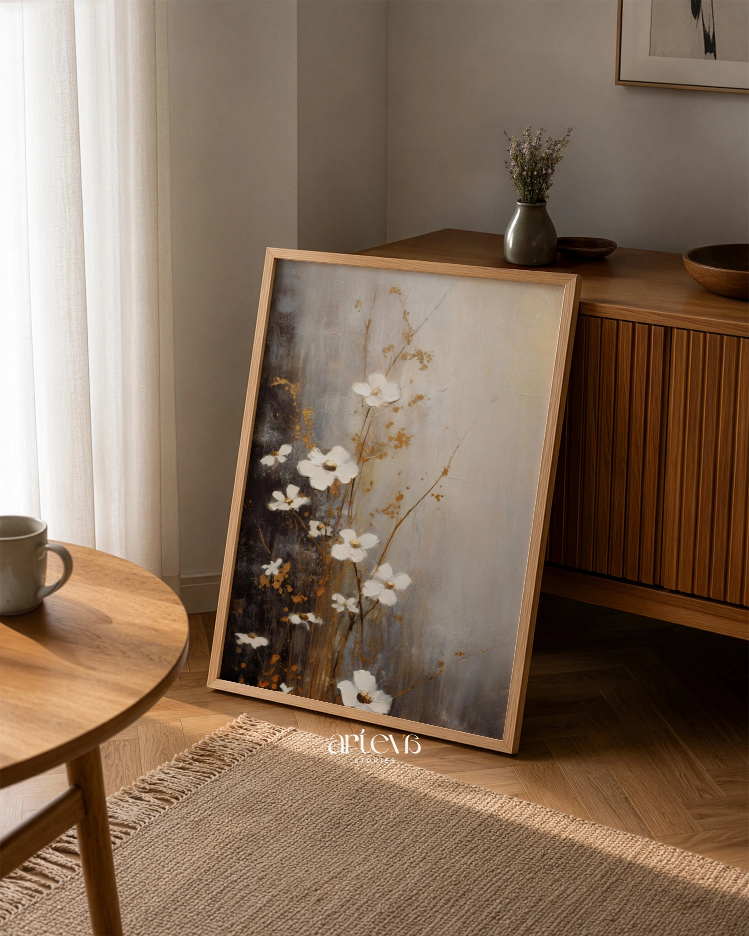 Ethereal Blossoms – White and Gold Abstract Floral Wall Art - Image 8