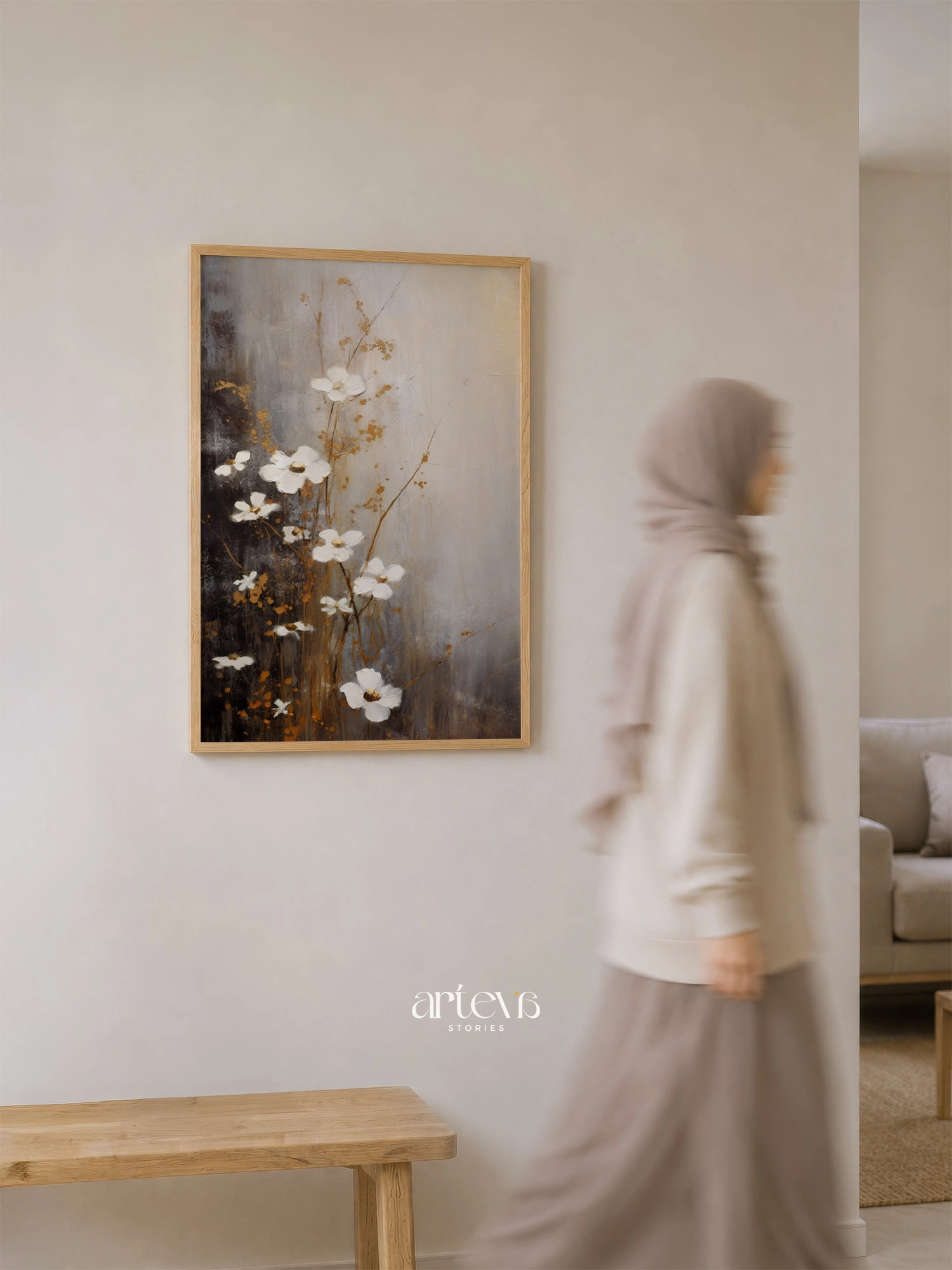Ethereal Blossoms – White and Gold Abstract Floral Wall Art - Image 2