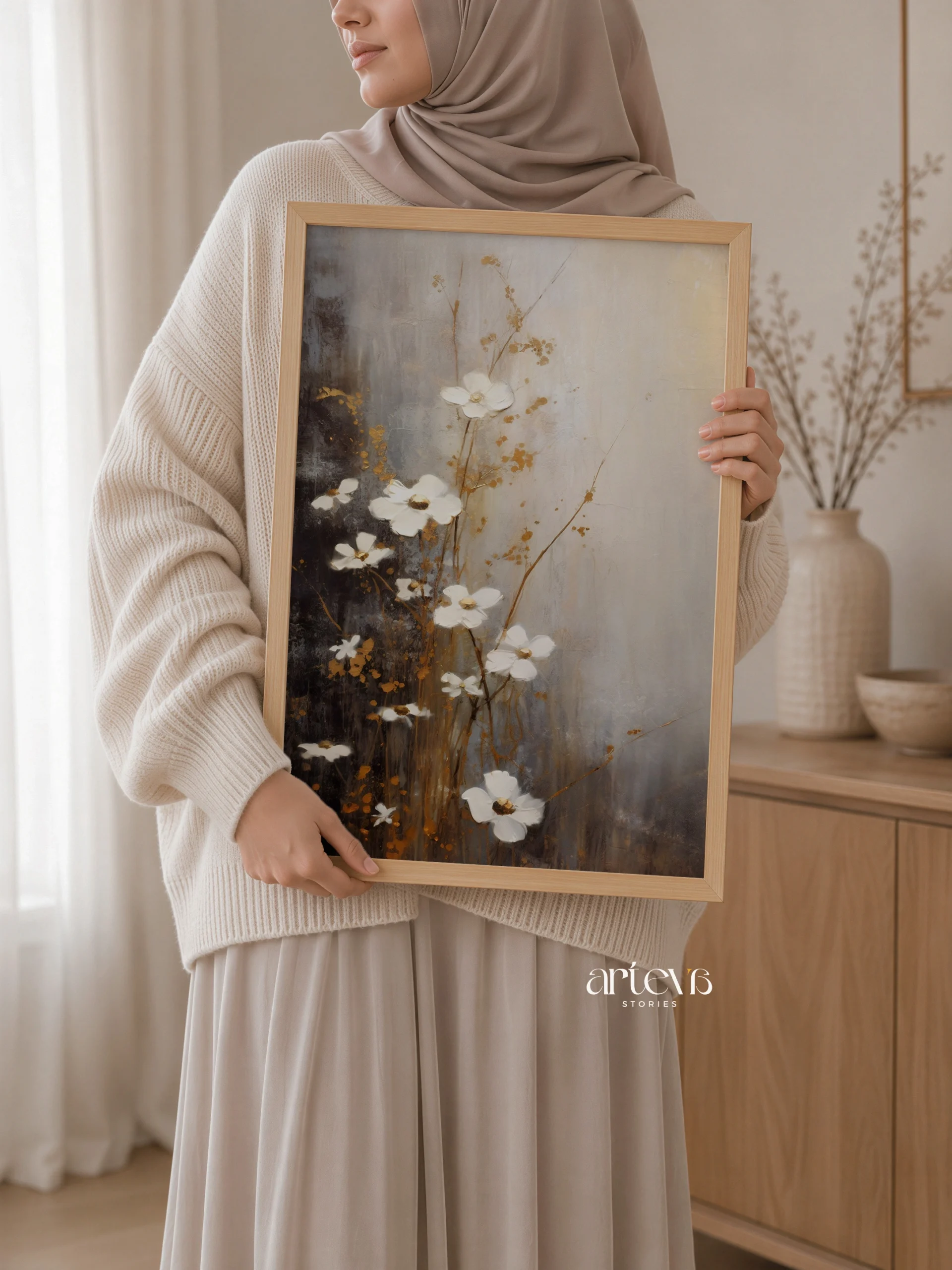 Ethereal Blossoms – White and Gold Abstract Floral Wall Art - Image 3