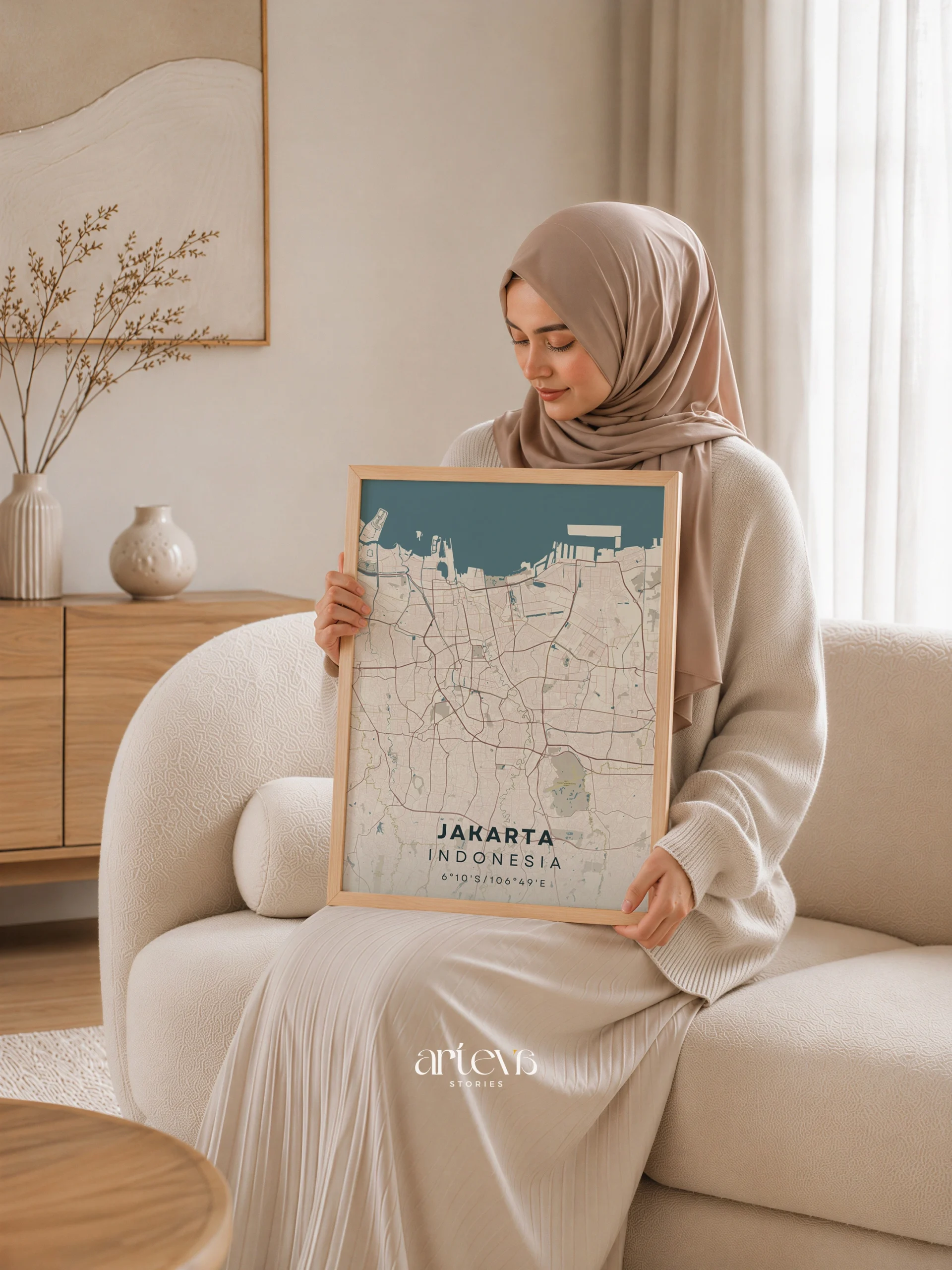 Jakarta Indonesia City Map – Nordic Beige City Wall Art - Image 7