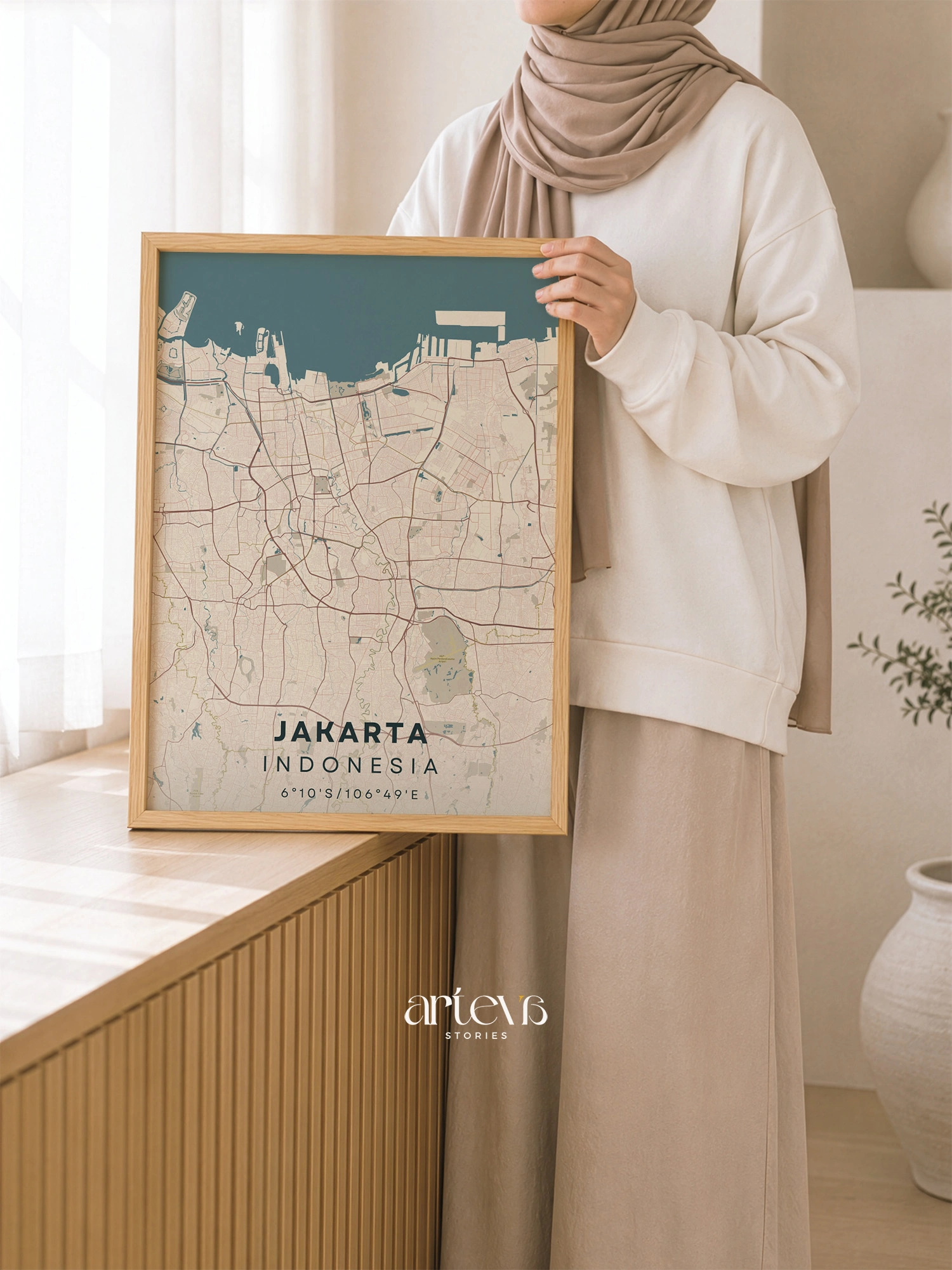 Jakarta Indonesia City Map – Nordic Beige City Wall Art - Image 4