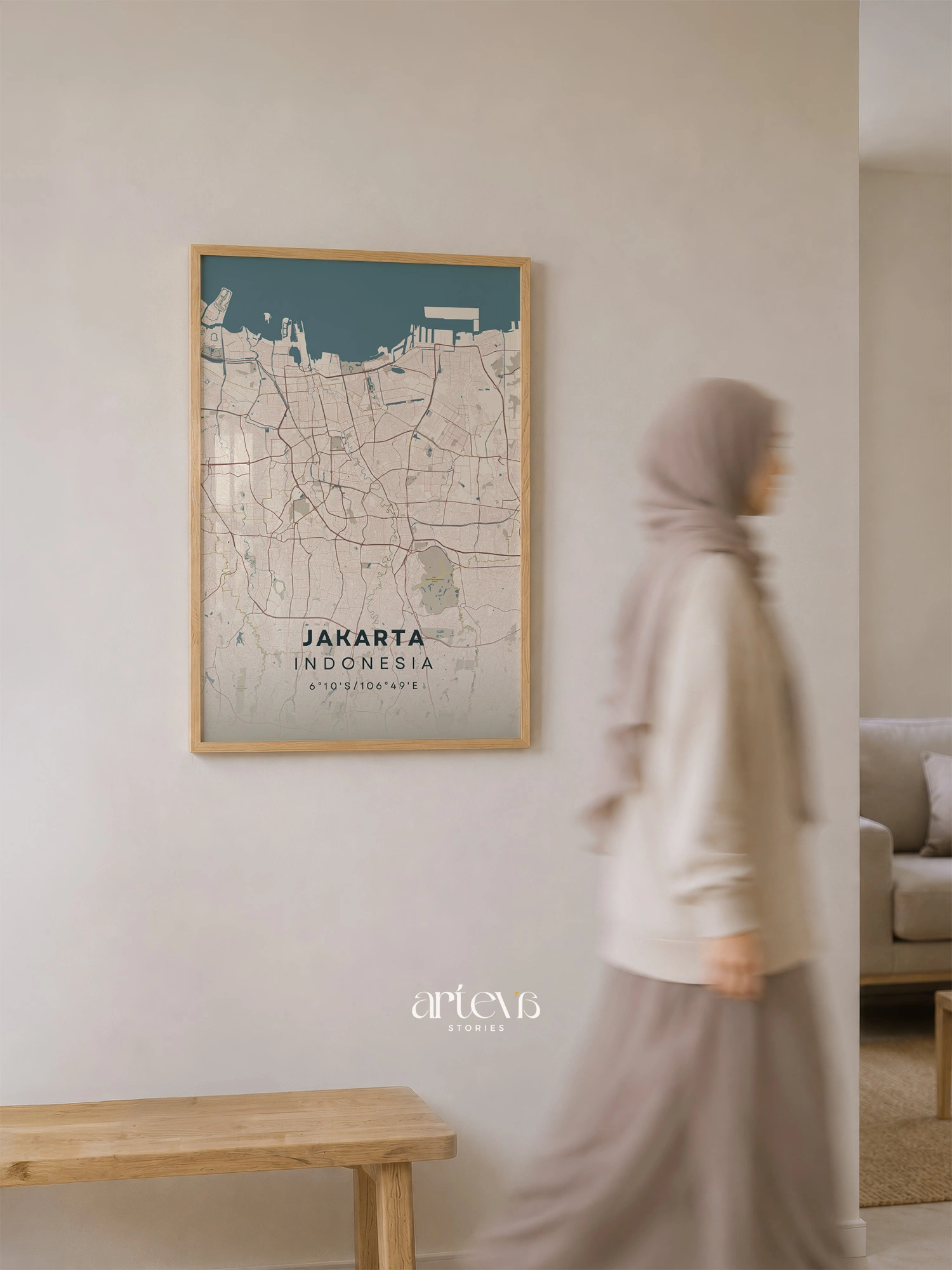 Jakarta Indonesia City Map – Nordic Beige City Wall Art - Image 5