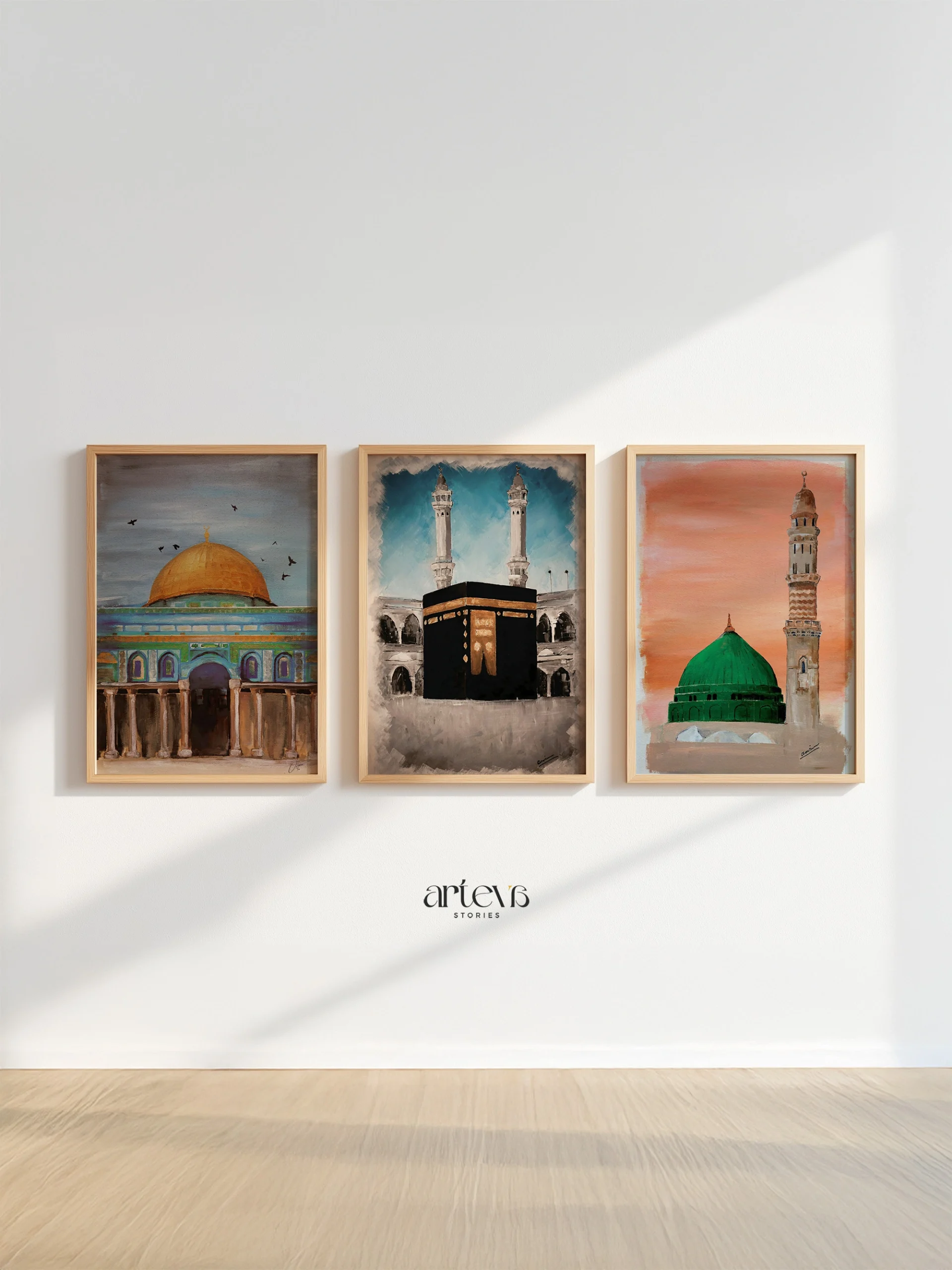 Set of 3 Abstract Islamic Landmarks – Kaaba, Masjid Nabawi & Dome of the Rock
