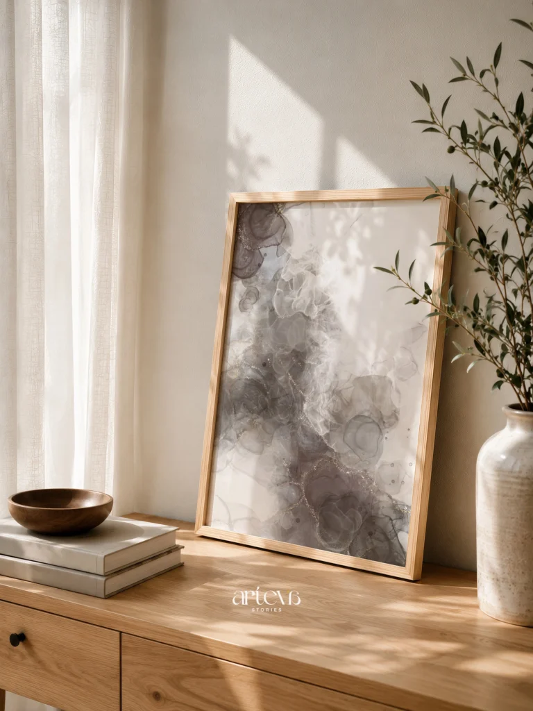 Neutral Smoky Taupe Abstract Ink Wall Art