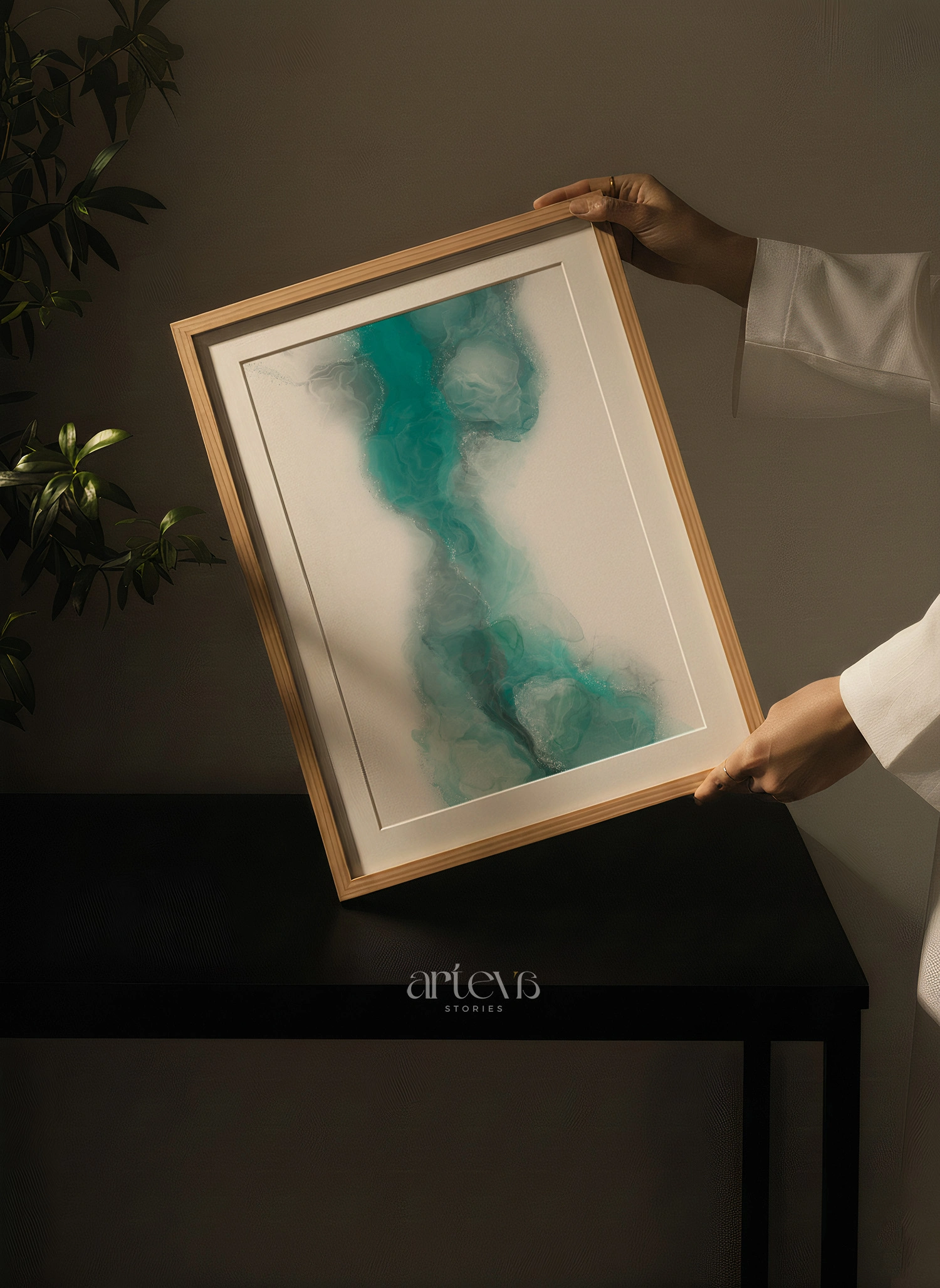 Aqua Veil Abstract Green Ink Wall Art