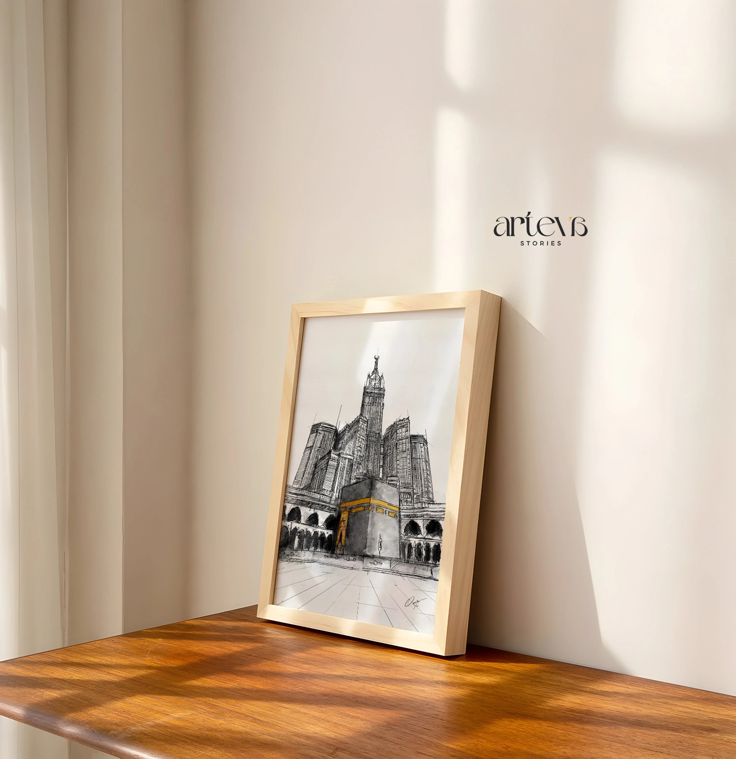 Kaaba Makkah Clock Tower Wall Art – Monochrome Gold Sketch - Image 3
