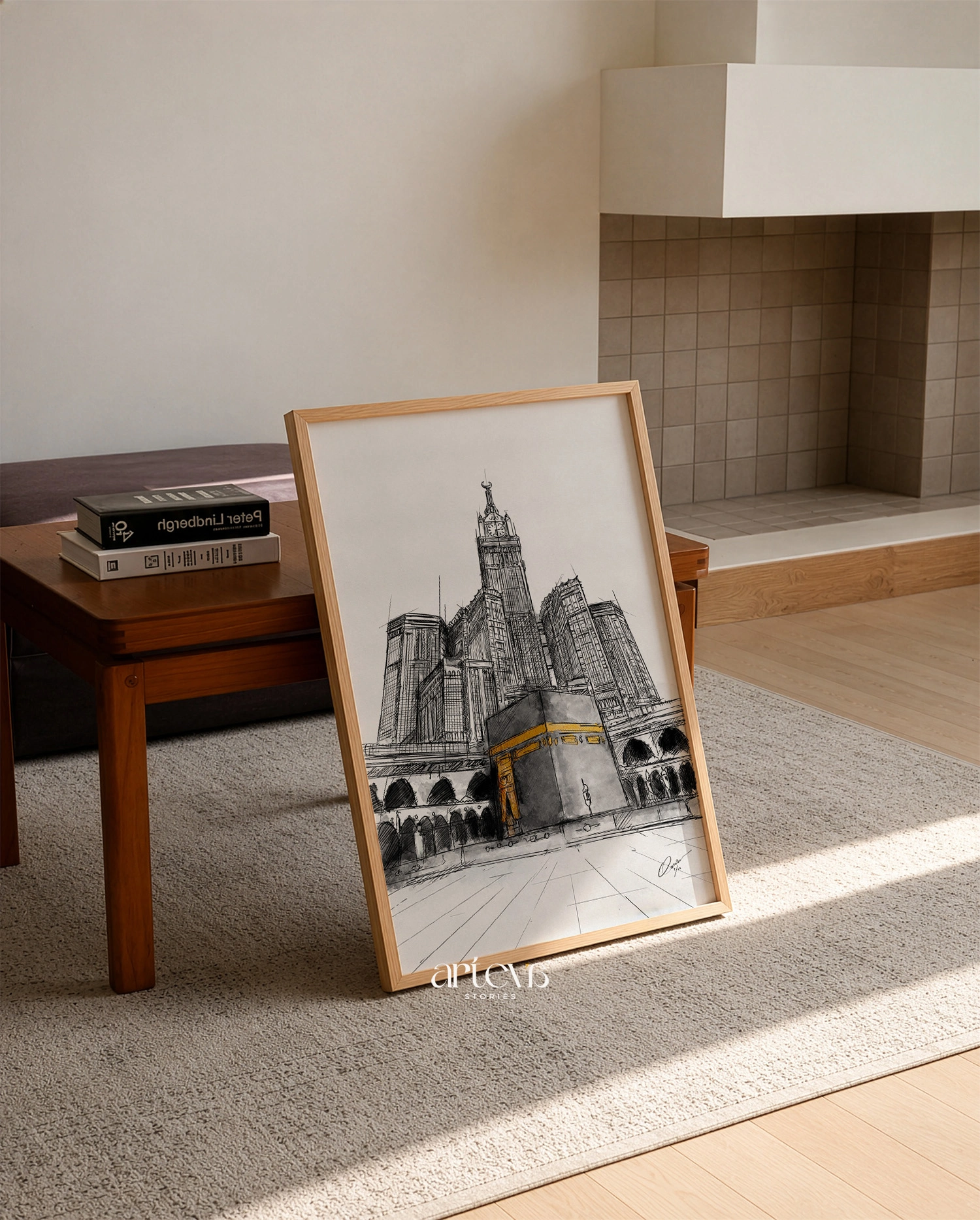 Kaaba Makkah Clock Tower Wall Art – Monochrome Gold Sketch - Image 6