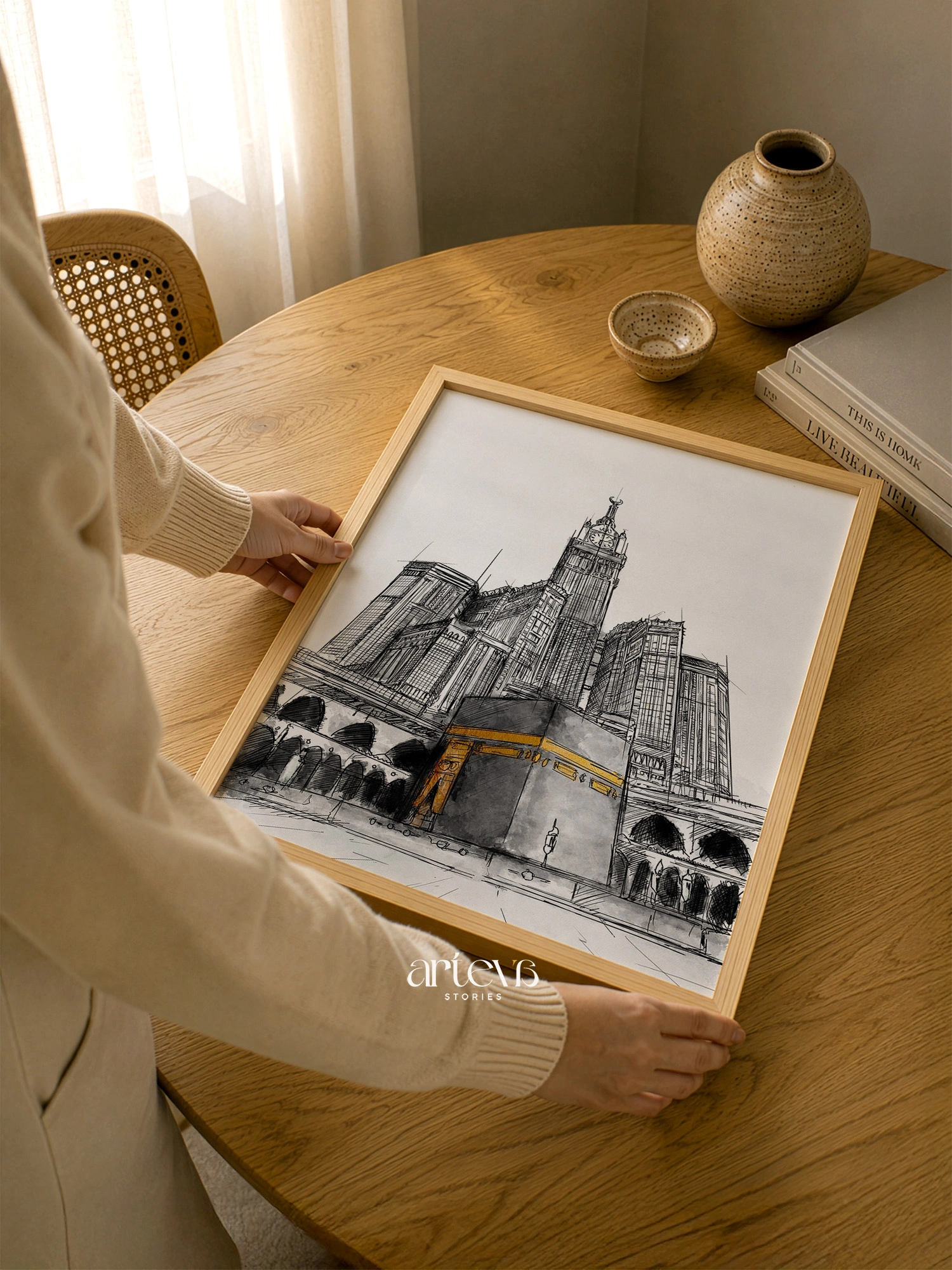 Kaaba Makkah Clock Tower Wall Art – Monochrome Gold Sketch - Image 7