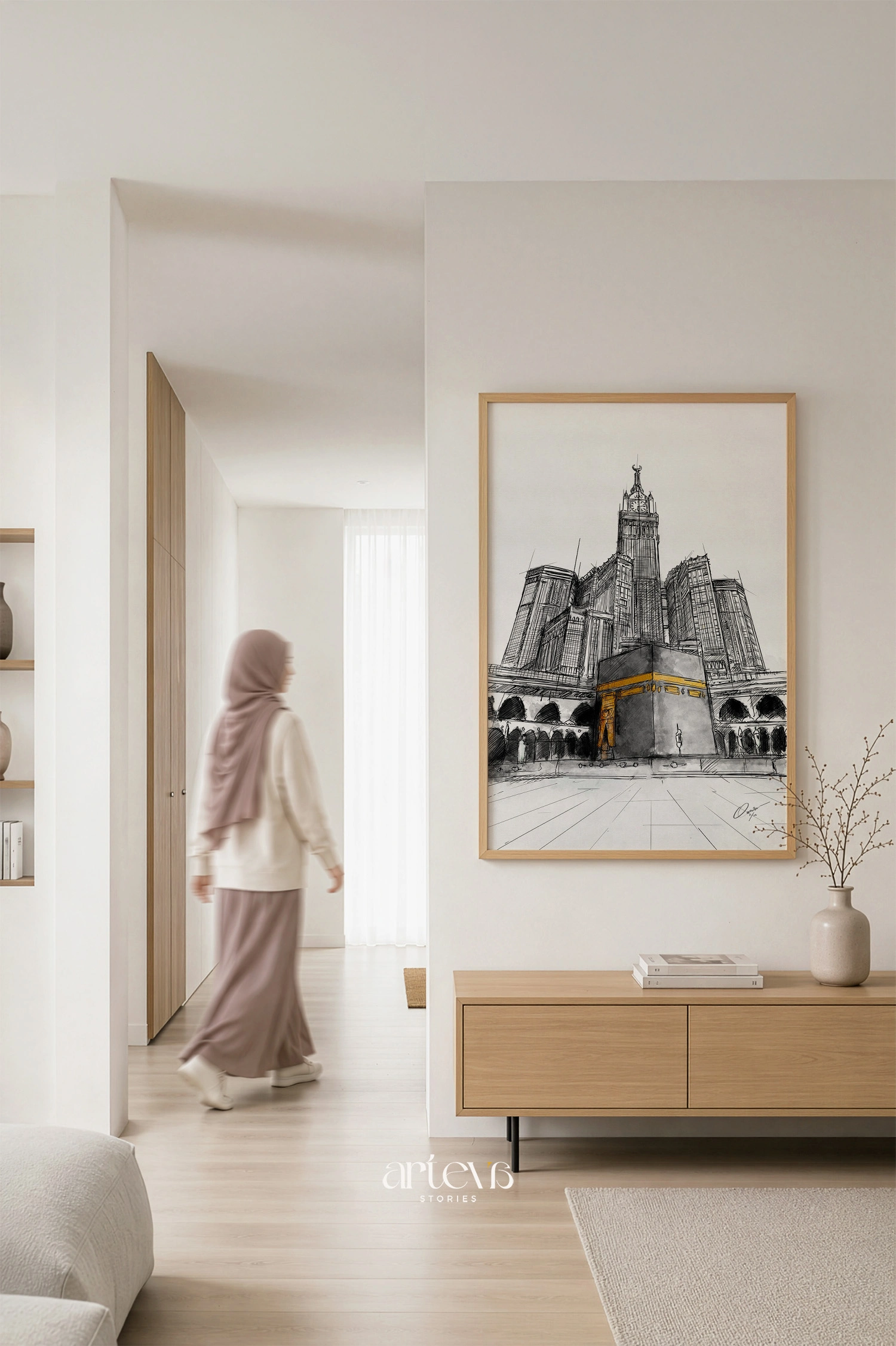 Kaaba Makkah Clock Tower Wall Art – Monochrome Gold Sketch - Image 8