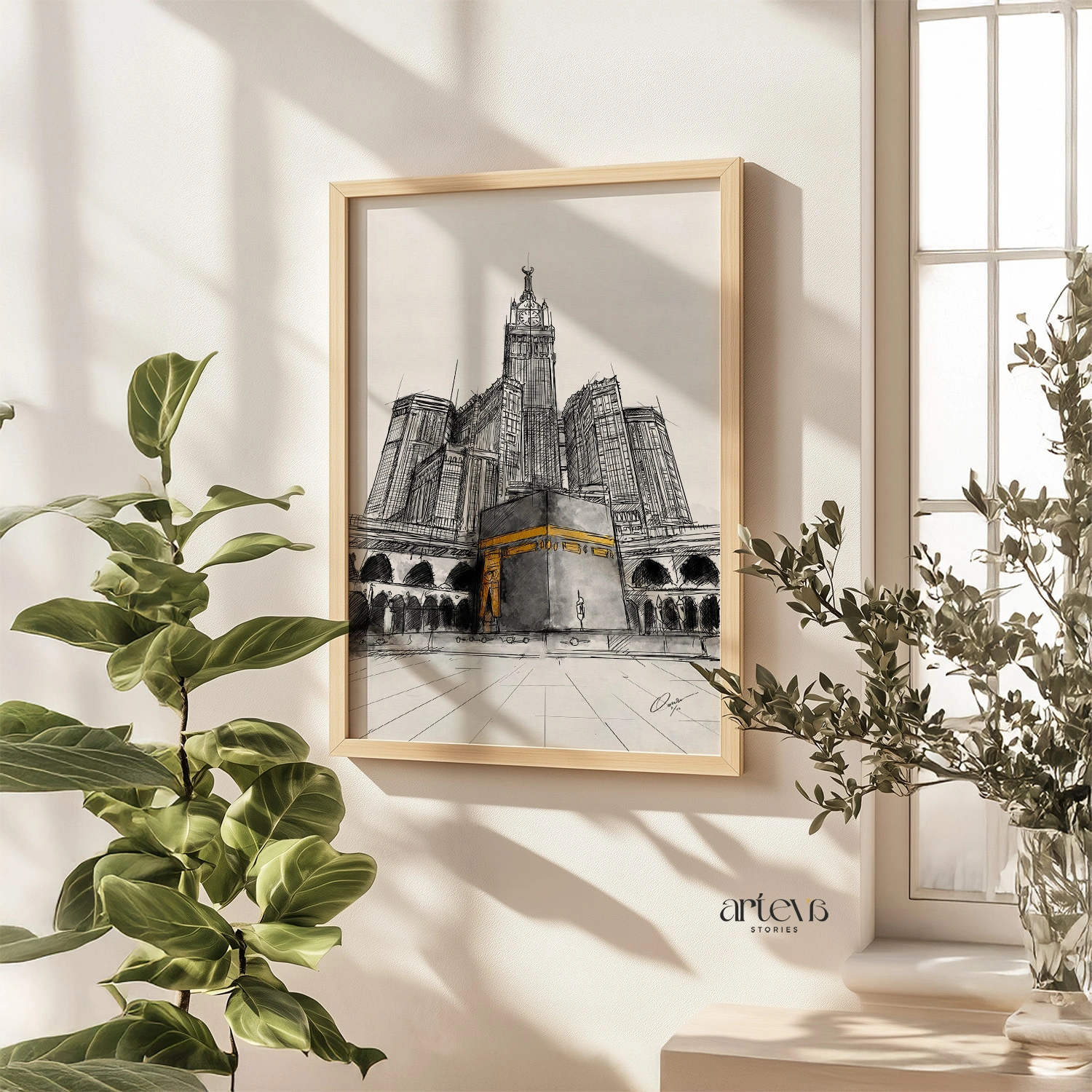 Kaaba Makkah Clock Tower Wall Art – Monochrome Gold Sketch - Image 2