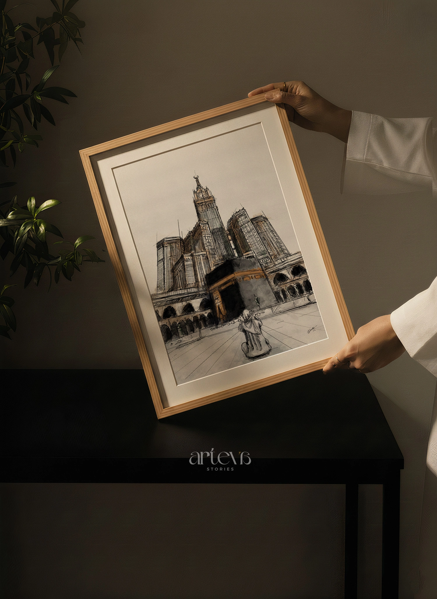 Kaaba Makkah Clock Tower Wall Art – Sacred Sketch Watercolour - Image 3