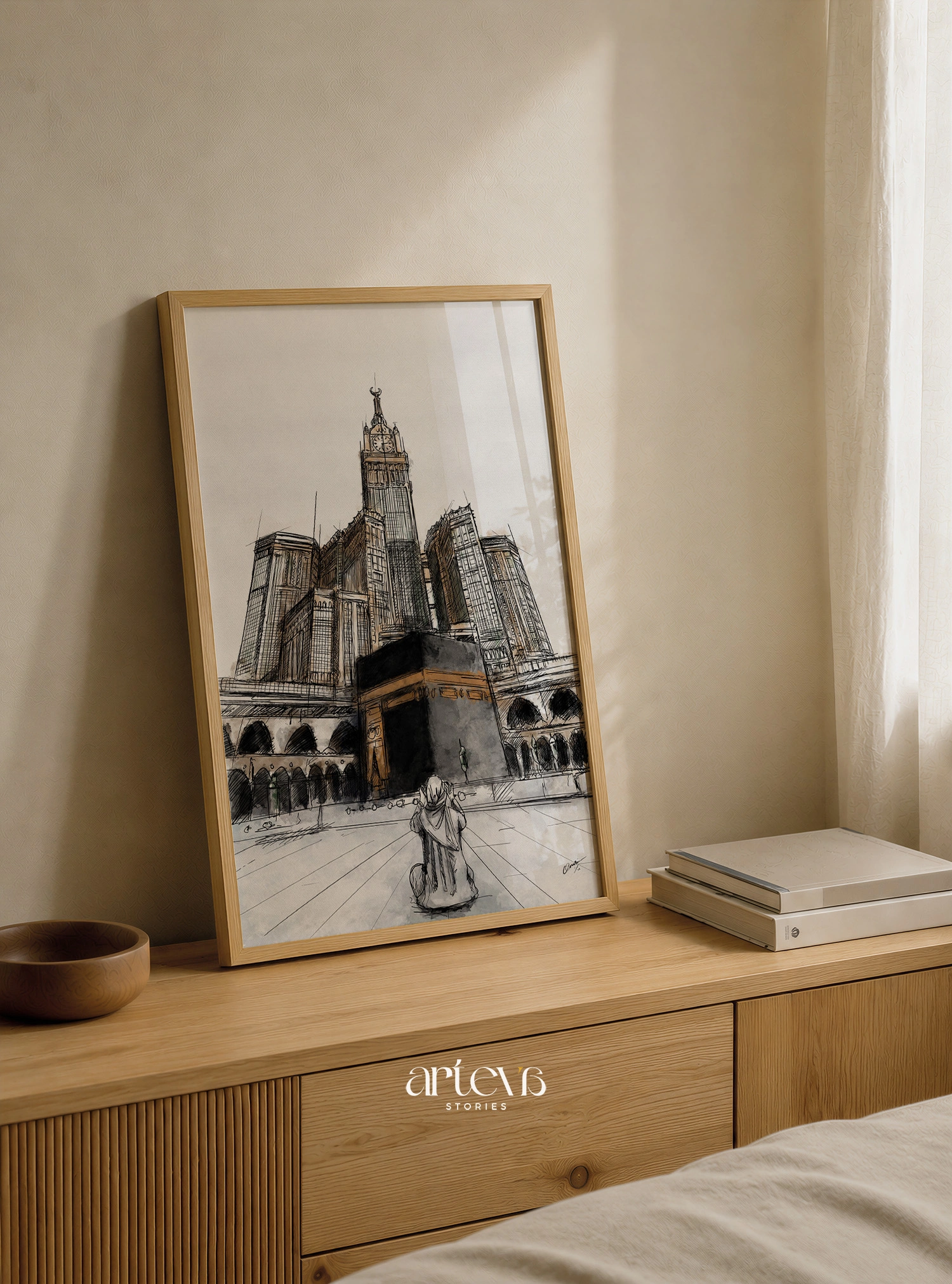 Kaaba Makkah Clock Tower Wall Art – Sacred Sketch Watercolour - Image 4