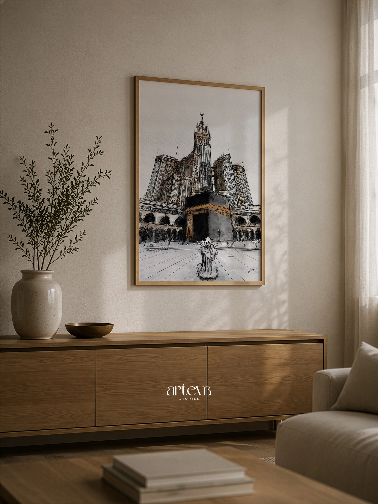 Kaaba Makkah Clock Tower Wall Art – Sacred Sketch Watercolour - Image 5