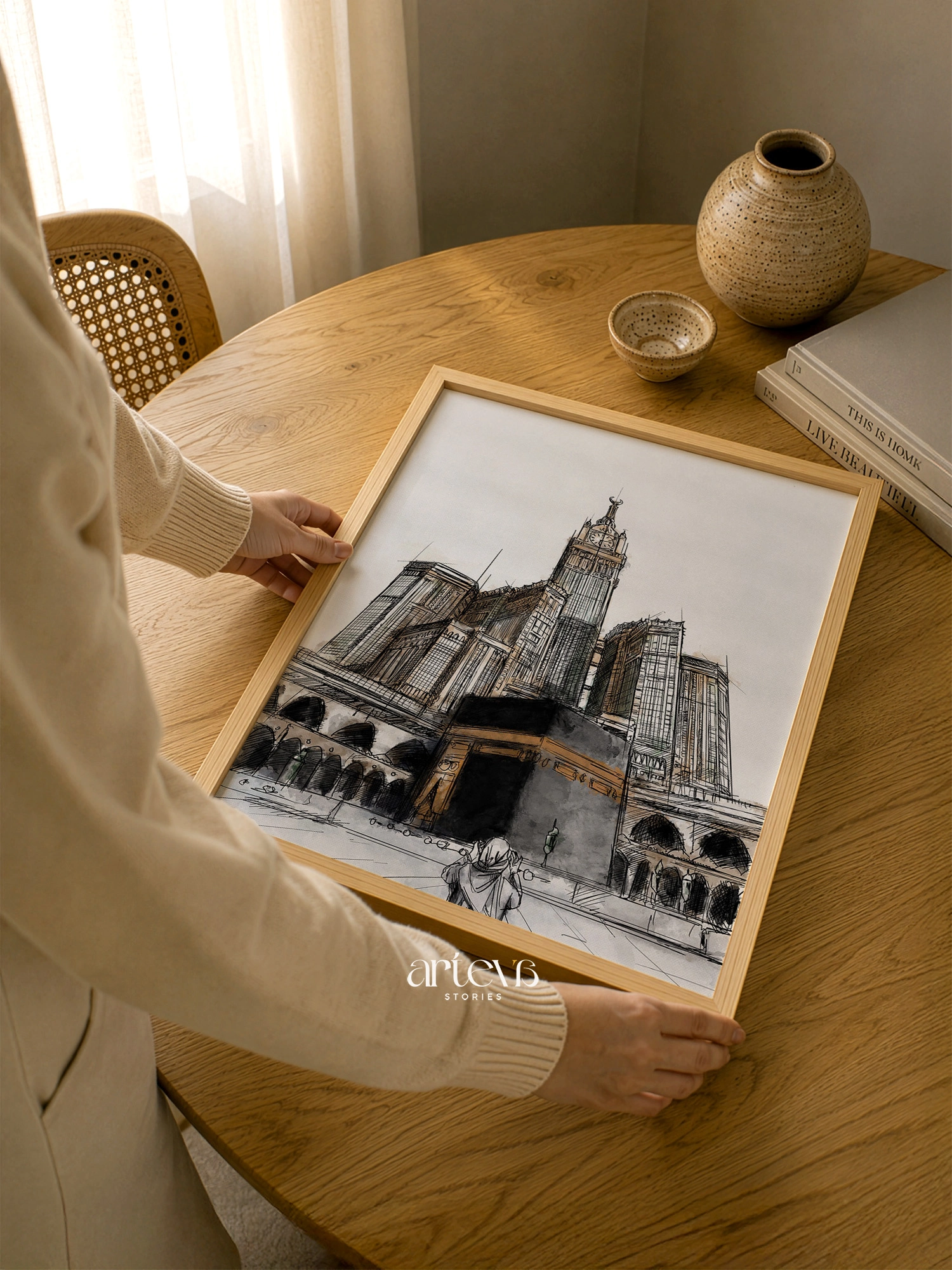 Kaaba Makkah Clock Tower Wall Art – Sacred Sketch Watercolour - Image 6