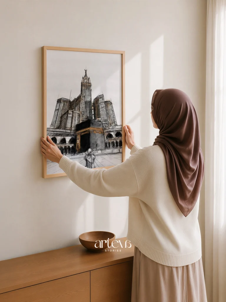 Kaaba Makkah Clock Tower Wall Art – Sacred Sketch Watercolour