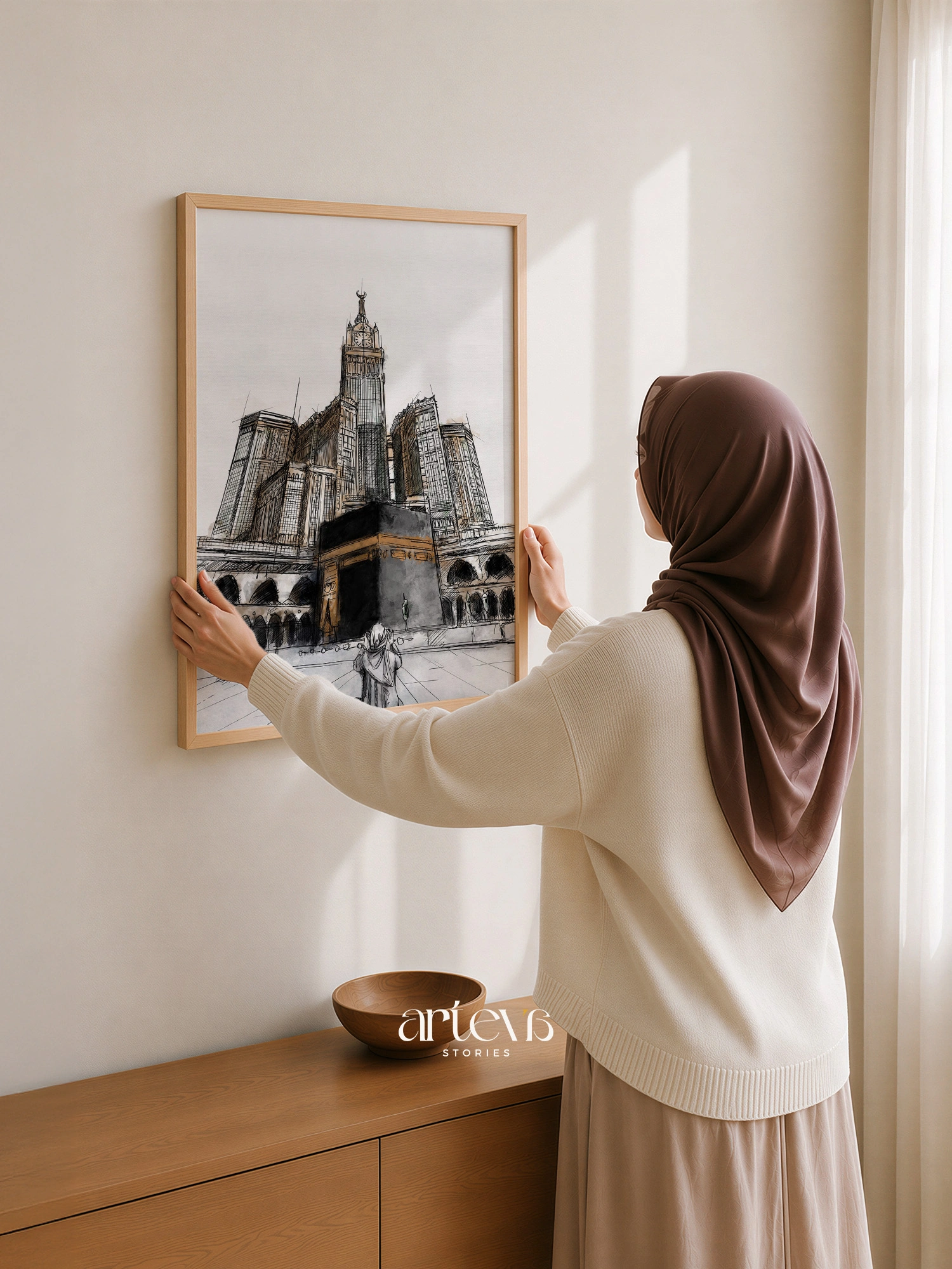 Kaaba Makkah Clock Tower Wall Art – Sacred Sketch Watercolour