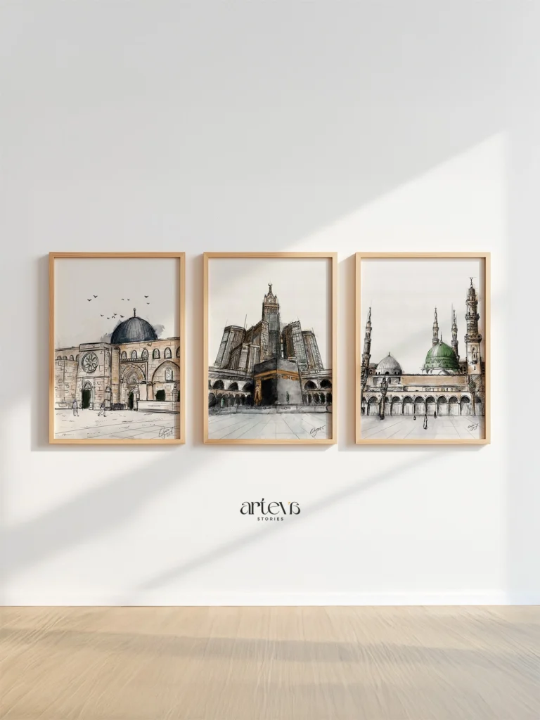 Set of 3 Islamic Landmarks Sketch – Kaaba, Masjid Nabawi & Al-Aqsa Mosque